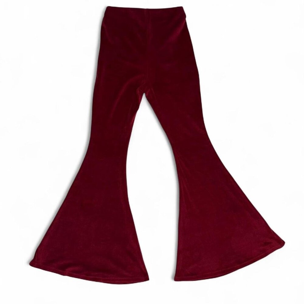 Ces Femme Maroon Burgundy Red Velvet High Waisted Ultra Wide Flare Soft Velvet